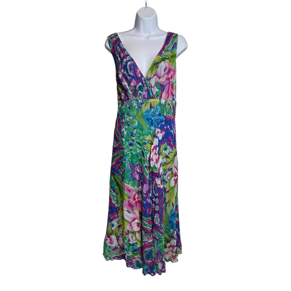 Vintage 90's Paradise NY Women's Tropical Floral V Neck Midi Dress Sz 14 Resort